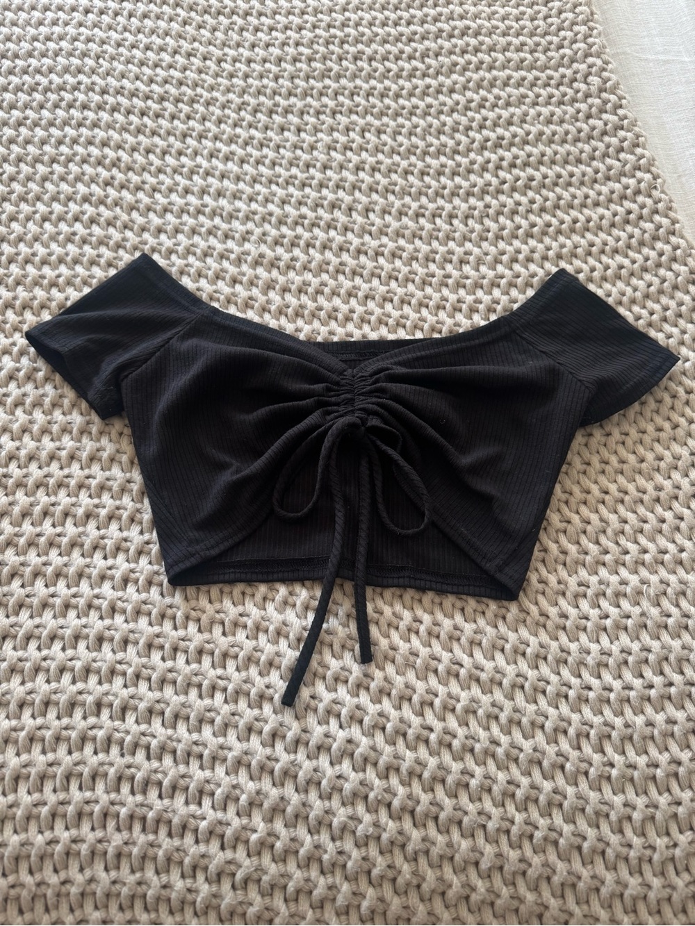 Black Off-Shoulder Ruched Drawstring Crop Top